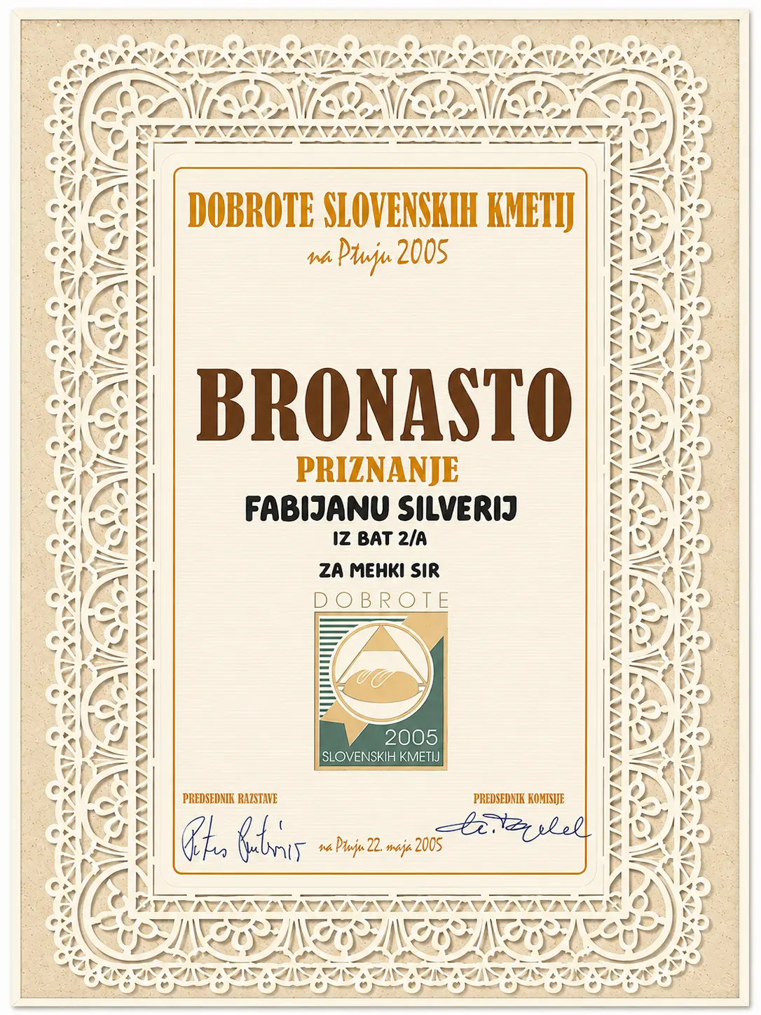 Bronasto priznanje Kmetiji Hubjani za kakovost mlečnih izdelkov