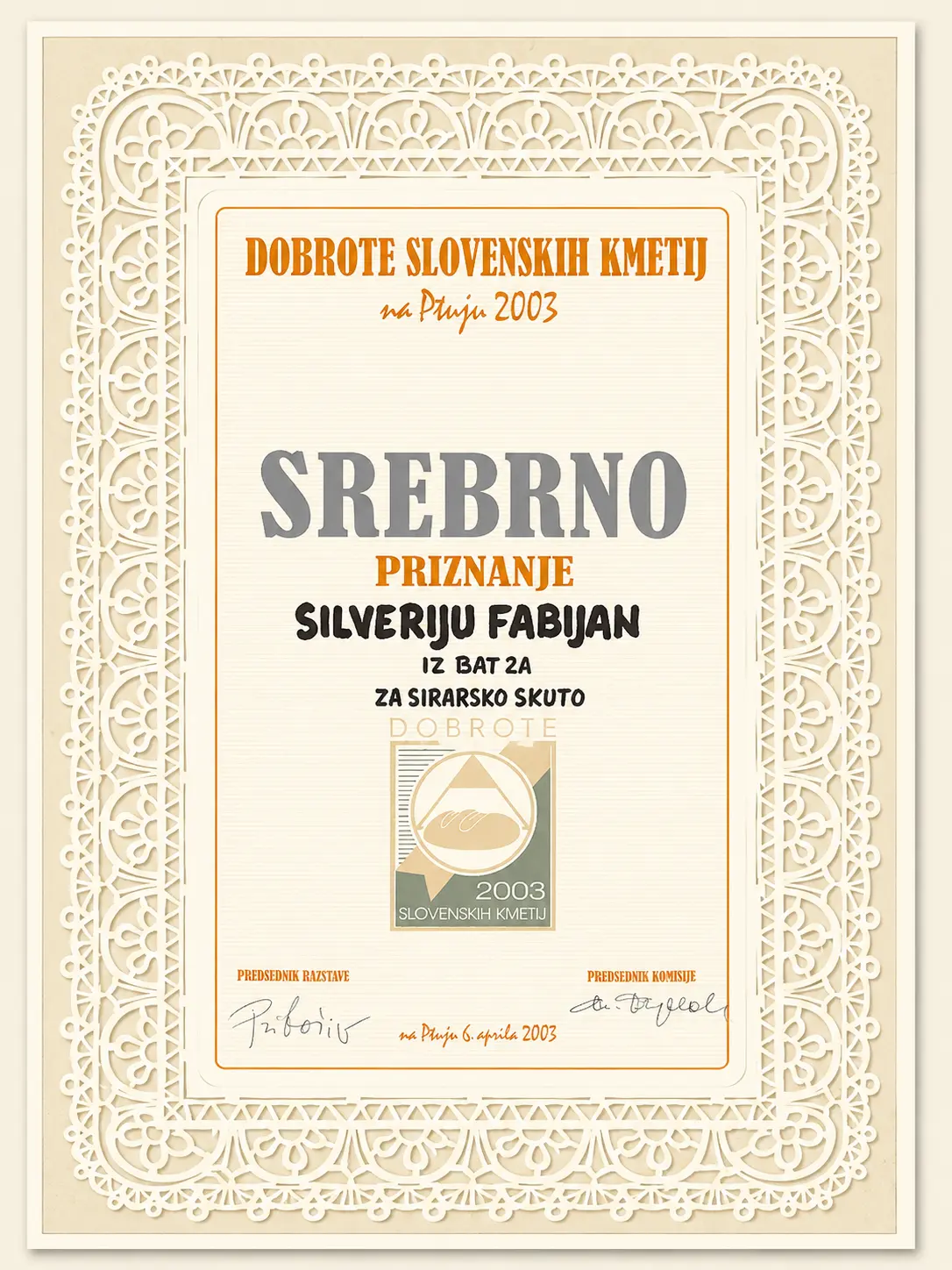 Srebrno priznanje Kmetiji Hubjani za kakovost mlečnih izdelkov