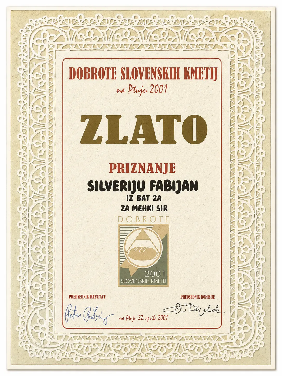 Zlato priznanje Kmetiji Hubjani za kakovost mlečnih izdelkov