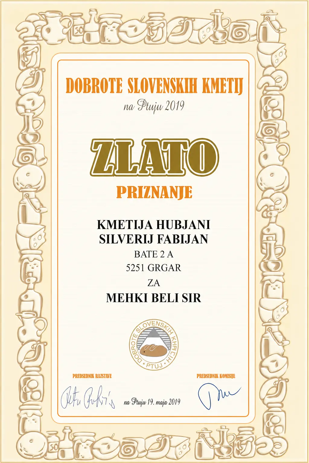 zlato priznanje kmetija Hubjani